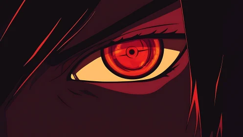 Close-up of stylized red anime eye with dark framing shadows.