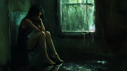 Solitary girl in rainlit room soaking in emerald silence.