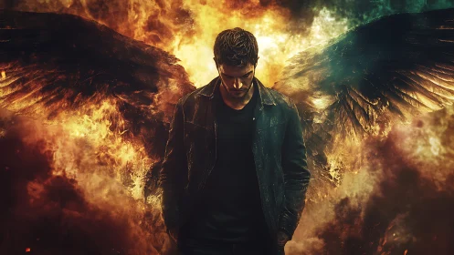 Dark winged man framed by fire and glowing storm clouds.