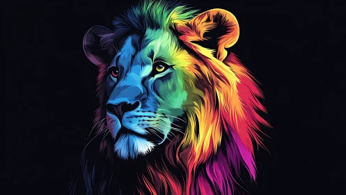 Multicolor vector-rendered lion portrait on dark background