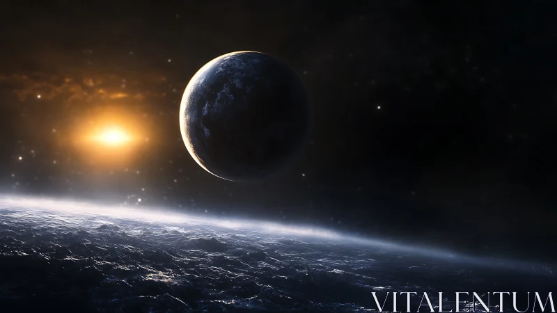 Alien ocean world drifts through cold starlit void.