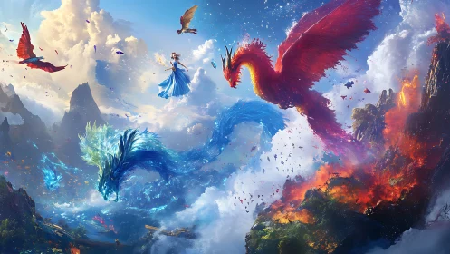Elemental sky dragons encircle levitating woman in battle tableau.