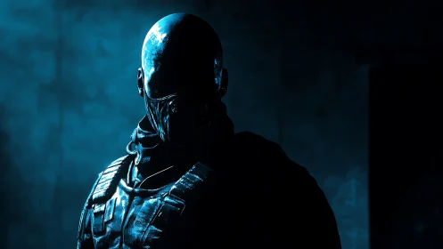 Tactical biomech operative in high-contrast cyan backlight.