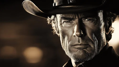 Weathered cowboy portrait in warm cinematic close-up.