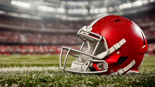Red football helmet on stadium turf under bright lighting.