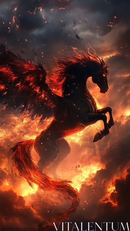 Infernal sky stallion rears amid blazing storm clouds.