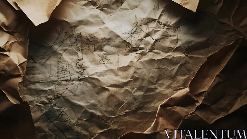 Crumpled brown paper surface displays faint linear sketches