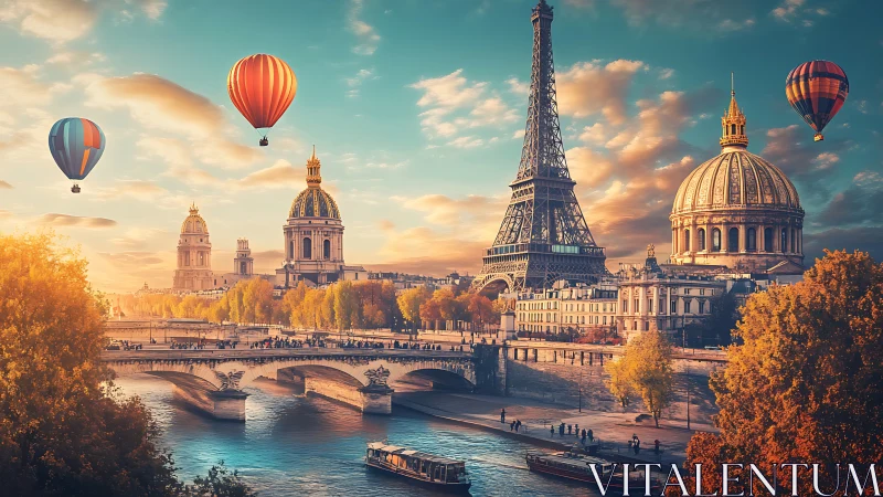 Hot air balloons drift above a stylized autumn Paris skyline
