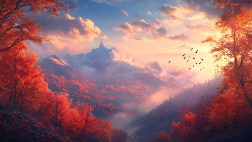 Sunlit alpine peak rises above misty autumn forest valley