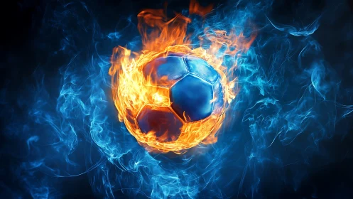 Digital painting of flaming blue soccer ball in motion vortex.