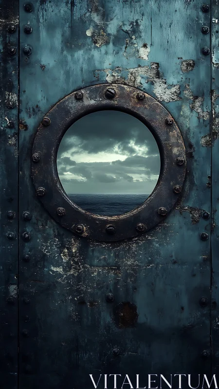 Rusted ship porthole frames turbulent seascape horizon
