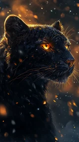 Black Panther Portrait with Luminous Golden Eyes and Particle Effects