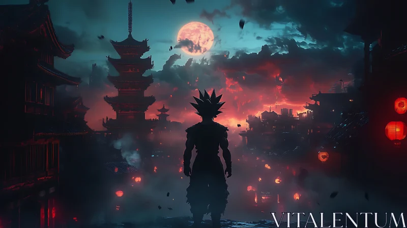 Silhouetted warrior overlooking neon pagoda city at blood moon.