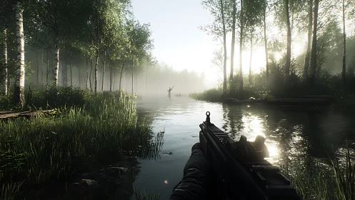 First-Person Tactical Engagement in Misty Riverine Environment.