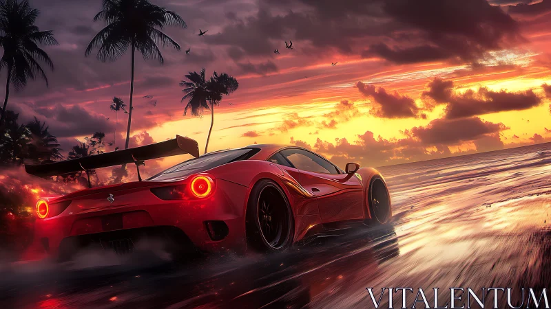 3D cinematic supercar sprint on reflective sunset shoreline.