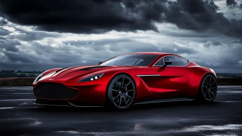 Photorealistic red supercar under storm-lit asphalt skyscape.
