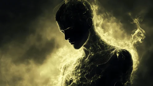 Ethereal human silhouette dissolving into glowing smoke.