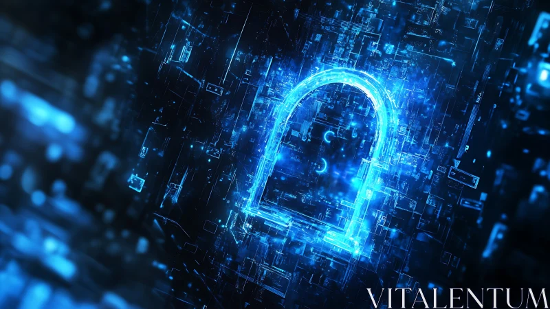 Glowing digital padlock protects data within a neon cyber grid