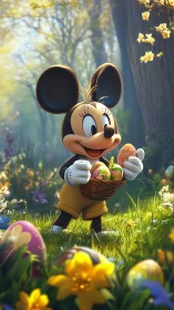 Cheerful mouse collecting colorful Easter eggs in spring woods.