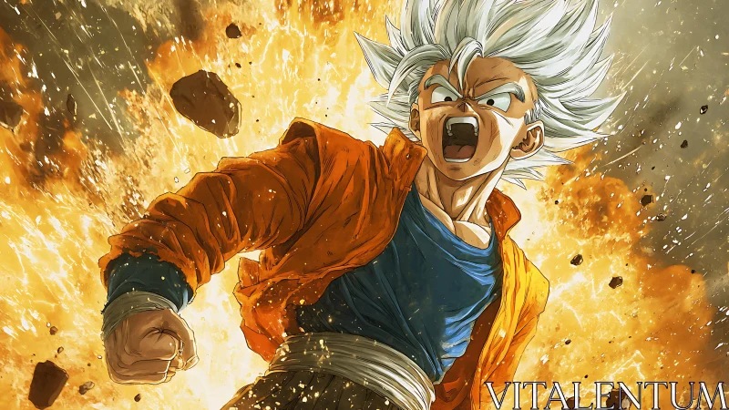 White haired anime warrior charges forward amid blazing blast