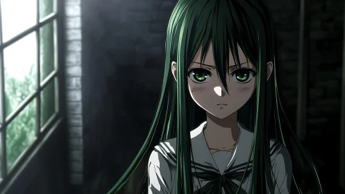 Green haired anime girl stands in a dimly lit schoolroom