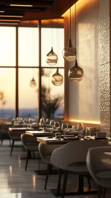 Sunlit fine-dining interior with volumetric warm backlit glass pendants