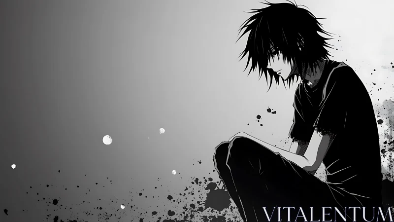 Solitary anime boy in monochrome ink splatter void.