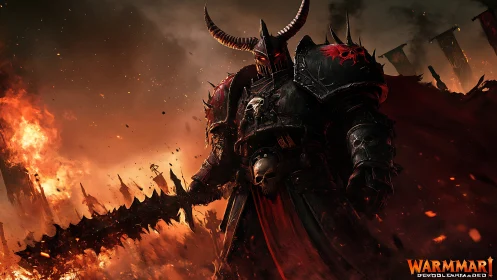 Fierce armored warrior strides through blazing battlefield.