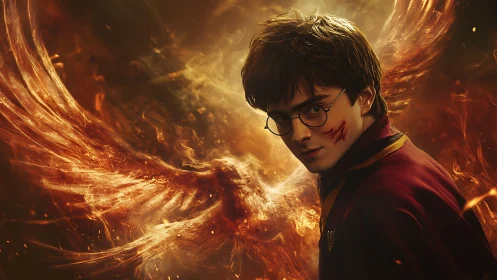 Young wizard with phoenix of fire in dramatic portrait.