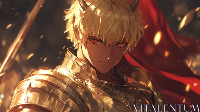 Golden armored demon prince rendered in dramatic anime lighting