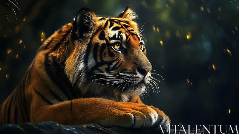 Midnight ember tiger lounges in a hush of drifting sparks