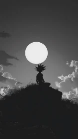 Silhouetted spiky-haired figure on hill under full moon.