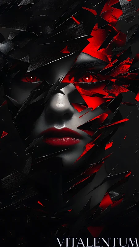 Fragmented red portrait with high-gloss monochrome face.
