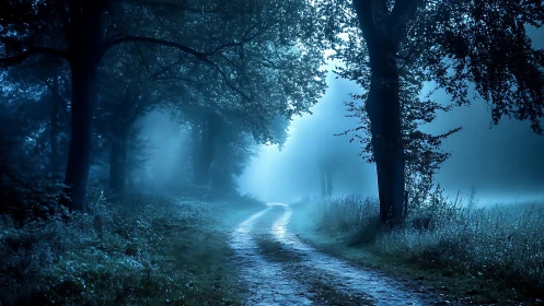 Moonlit forest path curves through misty blue twilight.