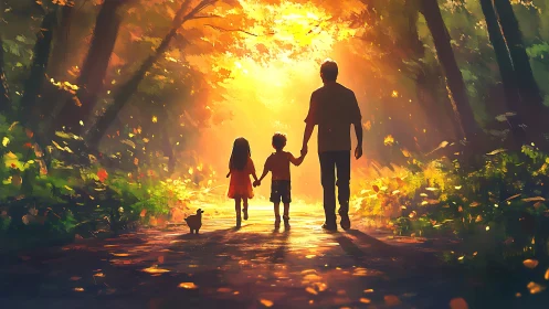 Silhouetted figures walking on forest path at sunset light.