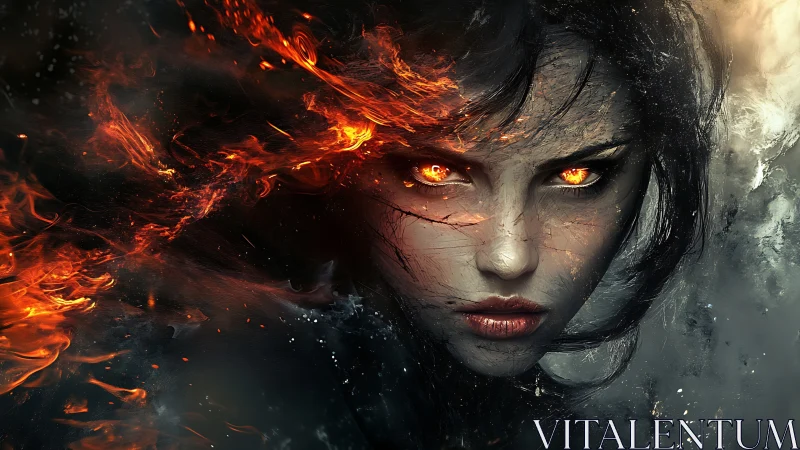 Elemental sorceress portrait with blazing ember eyes and smoke.