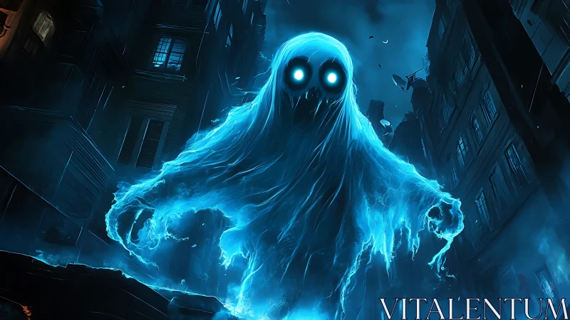 Glowing spectral figure in narrow urban alleyway at night.