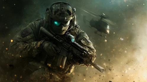 Tactical operator advances through debris with illuminated optics system