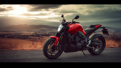 Sunlit red motorcycle waiting for an open road escape.