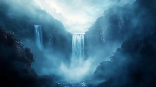 Triadic cataract system in mist-dense montane basin.