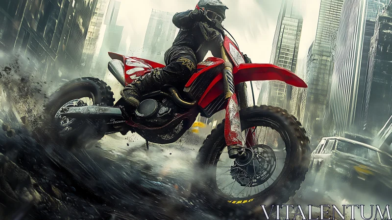 Motocross rider powers through wet urban street corner.