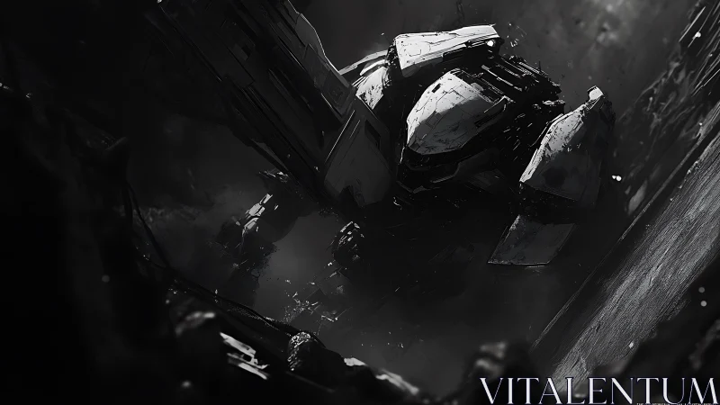 Stalwart mech guardian emerging from deep shadowed ruins.