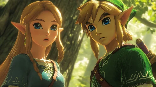 Elf-like fantasy duo stand alert in bright forest setting.