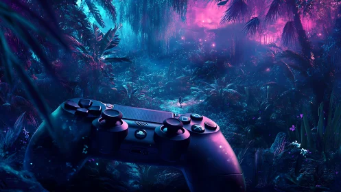 Game controller foreground overlays neon forest environment