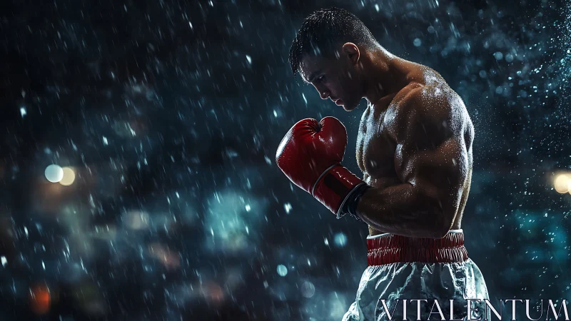 Boxer in Rain Training with Red Gloves.