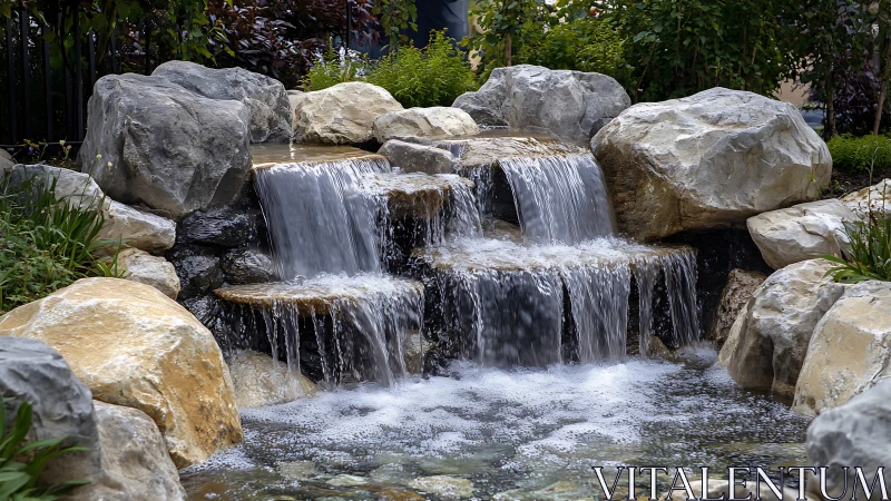Garden rock waterfall with cascading clear water flow.