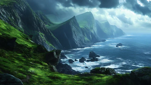 Towering Basalt Coastal Formations with Verdant Foreground and Atmospheric Stratification