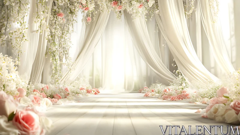 Whispering wedding aisle in cascading blush floral drapery.