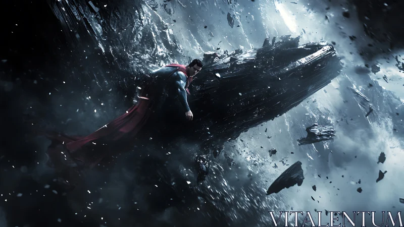 Caped hero carves through a storm of shattered planets.
