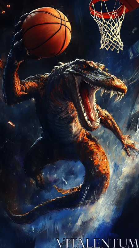 Bipedal reptilian figure executing basketball dunk motion.